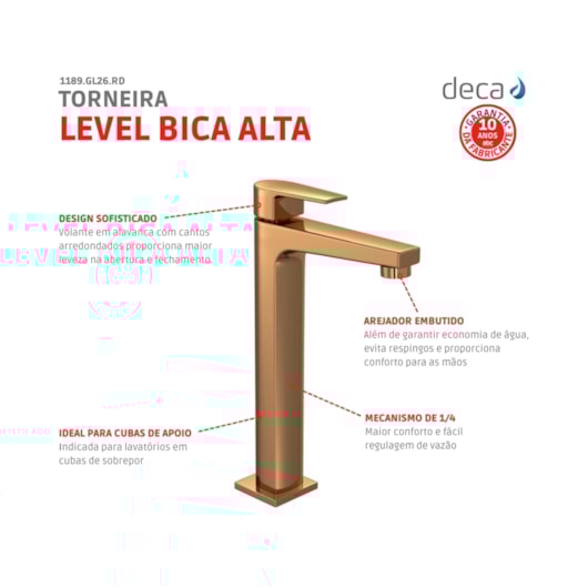 Torneira Para Lavatório De Mesa Level Bica Alta Red Gold Deca - Imagem principal - 770742eb-479b-43d4-be66-7536180b29d4