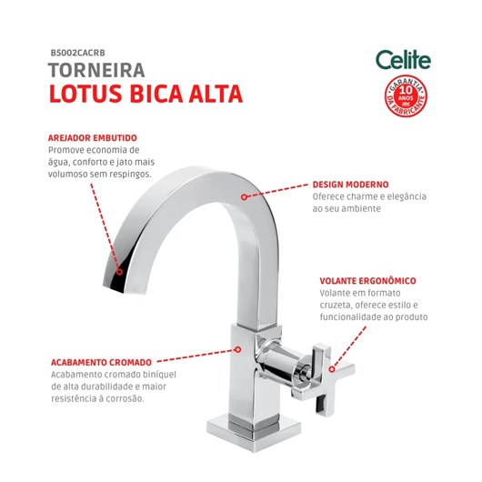 Torneira Para Lavatório De Mesa Lotus Bica Alta Cromada Celite - Imagem principal - 4cfe48b1-4a63-447c-b094-67bbd69728e6