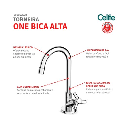 Torneira Para Lavatório De Mesa One Bica Alta Cromada Celite - Imagem principal - 61b6a3b5-015f-4800-bb62-28e8a767034e