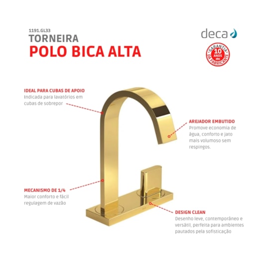 Torneira Para Lavatório De Mesa Polo Bica Alta 1191 Gold Deca - Imagem principal - 2a992e87-3f42-4c7d-be71-06fd46b00765