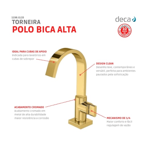 Torneira Para Lavatório De Mesa Polo Bica Alta 1198 Gold Deca - Imagem principal - 918fc578-83a6-4db4-b87f-ffc790e27468