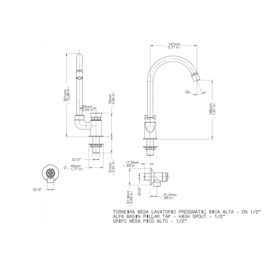 Torneira Para Lavatório De Mesa Pressmatic Bica Alta Cromada Docol - Imagem principal - 6556715b-bdf0-452d-a13f-77cb7e5139eb