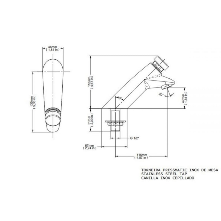 Torneira Para Lavatório De Mesa Pressmatic Bica Baixa Inox Escovado Docol