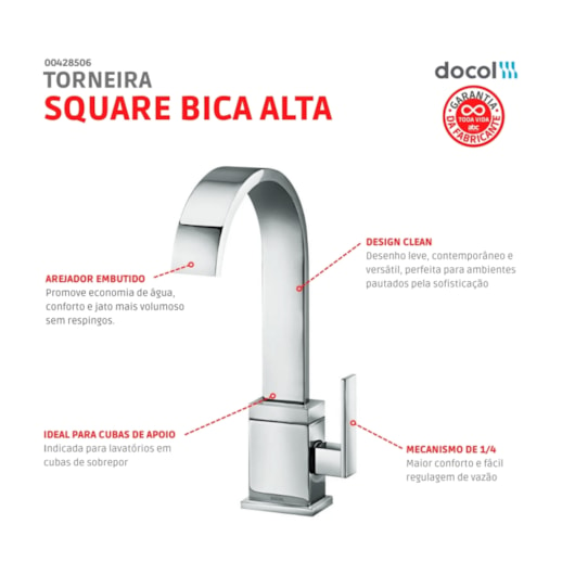 Torneira Para Lavatório De Mesa Square Bica Alta Cromada Docol - Imagem principal - c3c4cd10-a731-4e05-8910-a1cb219c04fa