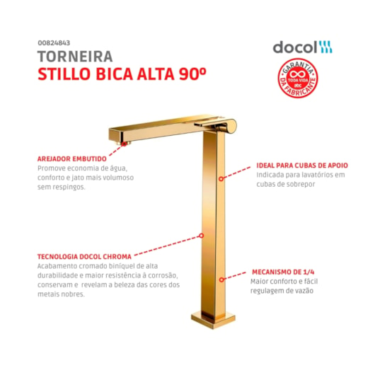 Torneira Para Lavatório De Mesa Stillo Bica Alta 90 Ouro Polido Docol - Imagem principal - ab9d02a2-7d96-4df0-8fbc-940e93e729fa