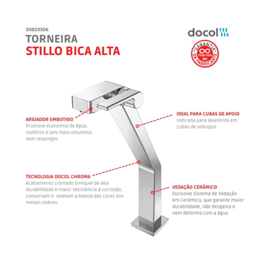 Torneira Para Lavatório De Mesa Stillo Bica Alta Cromada Docol - Imagem principal - ab66c678-bfcf-4278-b646-1ac9ad7d347b