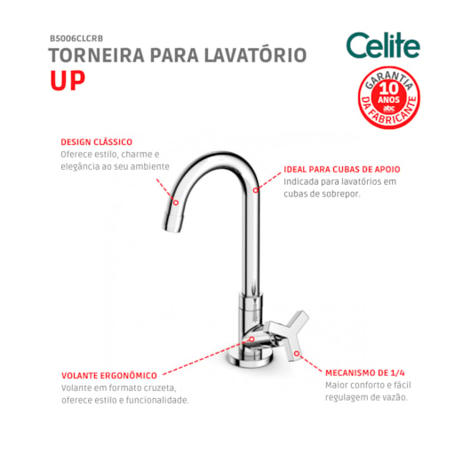 Torneira Para Lavatório De Mesa Up Bica Alta Cromada Celite - Imagem principal - f724aedc-d1ba-4c40-ba1f-43de475ff29d