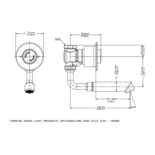 Torneira Para Lavatório De Parede 85mm Com Ciclo Fixo Pressmatic Antivandalismo Cromada Docol - Imagem principal - 6011bae4-ec7e-4aff-8f48-d1805da62914