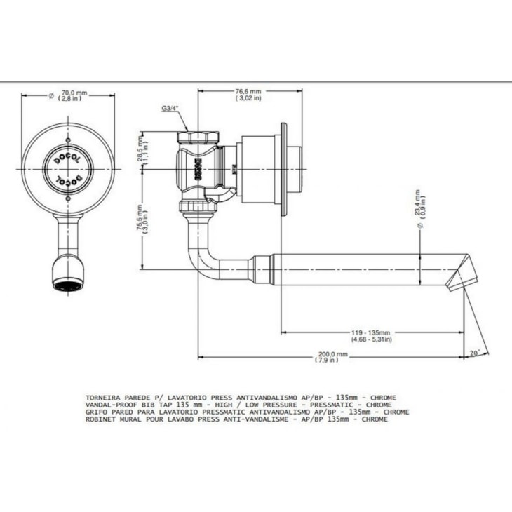Torneira Para Lavatório De Parede Alta E Baixa Pressão- 135mm Pressmatic Antivandalismo Cromada Docol
