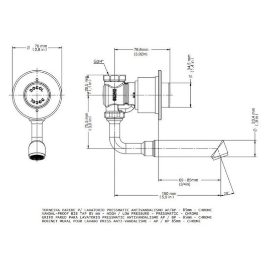 Torneira Para Lavatório De Parede Alta E Baixa Pressão- 85mm Automatica Temporizada  Pressmatic Antivandalismo Cromada Docol - Imagem principal - ac093d67-634b-49ef-9031-ded2fcb994ed