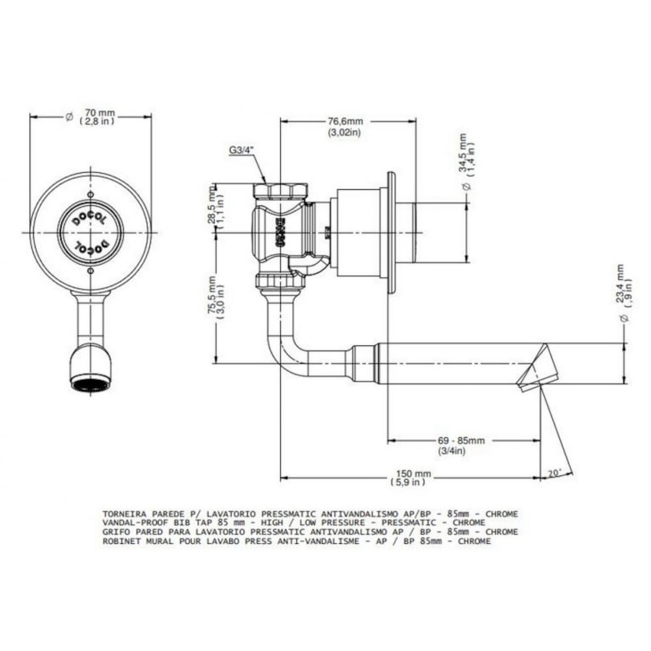 Torneira Para Lavatório De Parede Alta E Baixa Pressão- 85mm Automatica Temporizada  Pressmatic Antivandalismo Cromada Docol