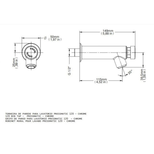 Torneira Para Lavatório De Parede Automática Temporizada Pressmatic Cromada Docol - Imagem principal - 6d0e8ad5-8c89-4a77-bc6d-548d4775f7d4
