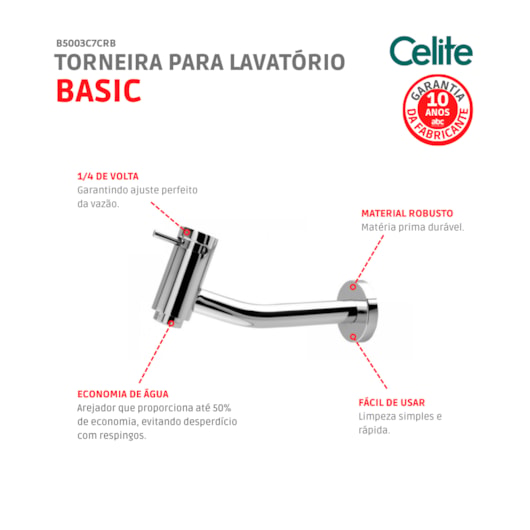 Torneira Para Lavatório De Parede Basic 1161 Cromada Celite - Imagem principal - 4841c4d3-adf6-42e2-9226-0e423d205240
