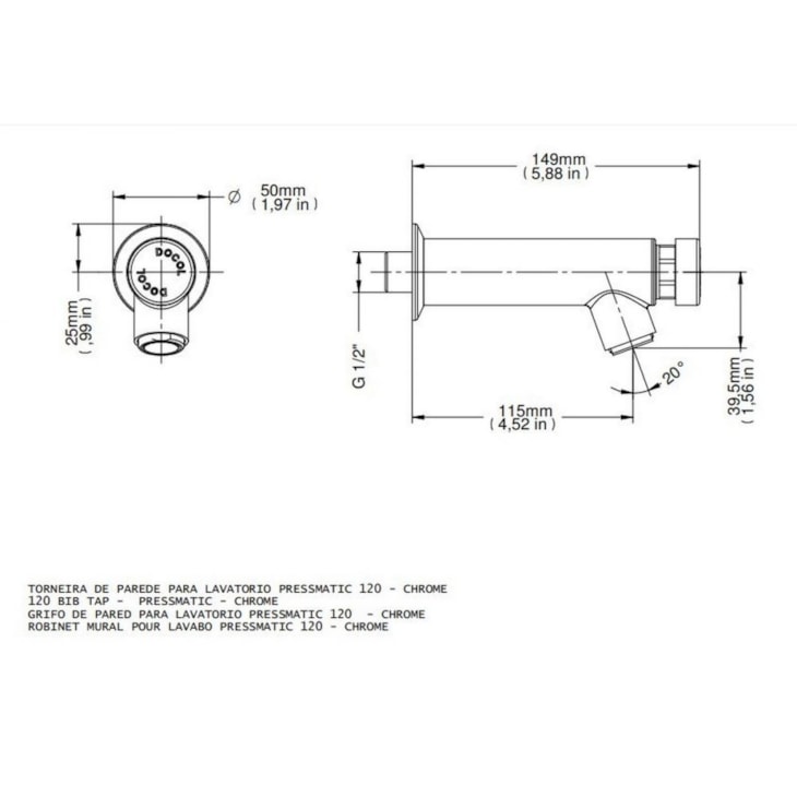 Torneira Para Lavatório De Parede Com Ciclo Fixo Pressmatic Cromada Docol