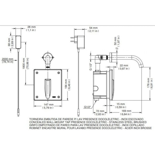 Torneira Para Lavatório De Parede Embutida Presence Eletric Inox Escovado Docol - Imagem principal - 9918d813-1637-4b76-8982-6019edda23ca