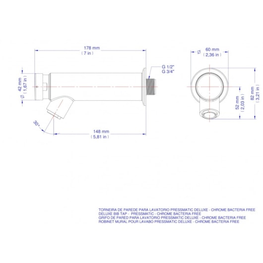 Torneira Para Lavatório De Parede Pressmatic Deluxe Cromada Docol - Imagem principal - b0beed8b-2d39-4939-b998-411dde6c5972