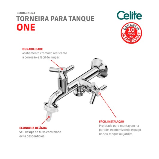 Torneira Para Tanque E Máquina De Lavar De Parede One Cromada Celite - Imagem principal - 7a212bcd-3fec-4e98-b9e5-96e7a5569c11
