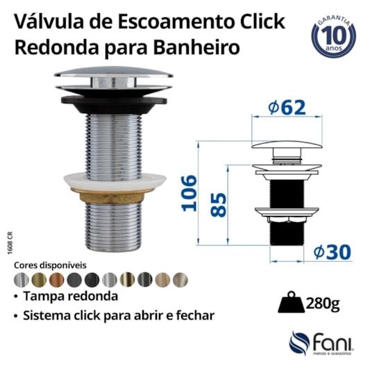 Válvula De Escoamento Redonda Para Lavatório Com Click 1608 Preto Fosco Fani  - Imagem principal - d754c992-aa19-479a-b63a-c610f0300dd2