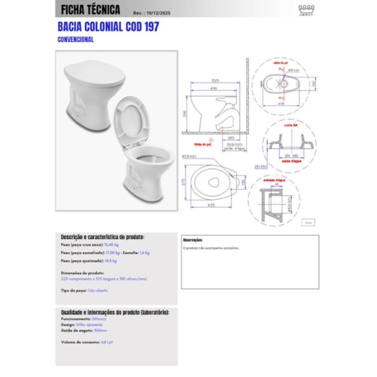 Vaso Convencional Colonial Branco Hervy - Imagem principal - 4eb68b37-df45-4d2c-b7fc-d2009b4aad57