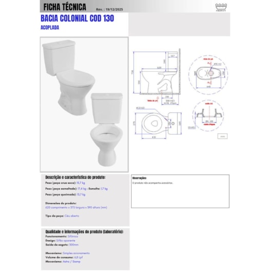 Vaso Para Caixa Acoplada Colonial  Branco Hervy - Imagem principal - b56a64ad-4292-4266-ba1d-64b9b7863d0b