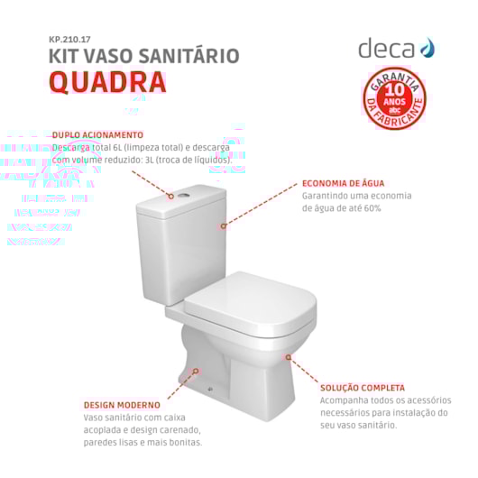 Vaso Sanitário C/ Caixa Acoplada E Acessórios Quadra Branco Deca - Imagem principal - 84eb63ce-ebcb-4646-8bb9-0b0f569e8ea4