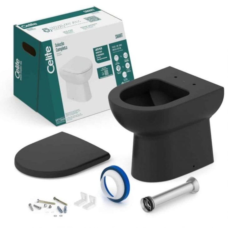 Vaso Sanitário Convencional Com Acessórios De Instalação E Assento Sanitário Termofixo Smart Mate Black Celite