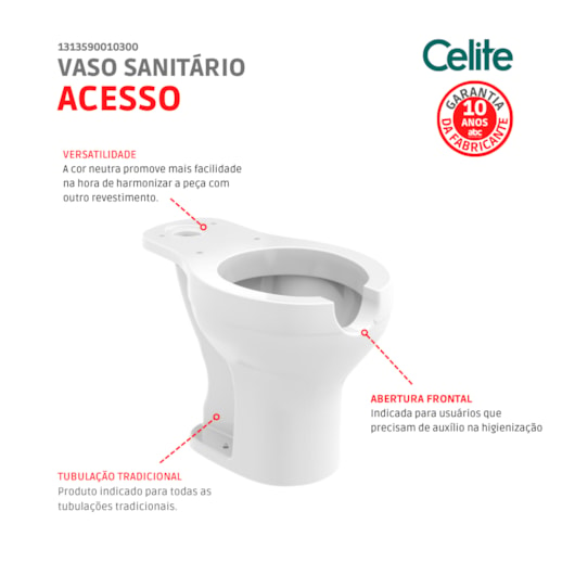 Vaso Sanitário De Acessibilidade Para Caixa Acoplada Com Abertura Frontal Acesso Confort  Celite - Imagem principal - bd838d3c-c4d7-4233-af2d-72cae68a4648