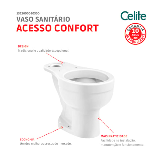 Vaso Sanitário De Acessibilidade Para Caixa Acoplada Sem Abertura Frontal Acesso Confort Celite - Imagem principal - 72df8735-f281-44c6-8436-be05c6e09f48